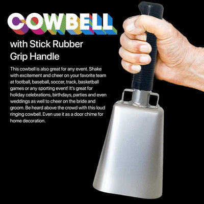 Katzco Cowbell with Stick Rubber Grip Handle and Built-in Clapper - 10 Inch Steel - Great