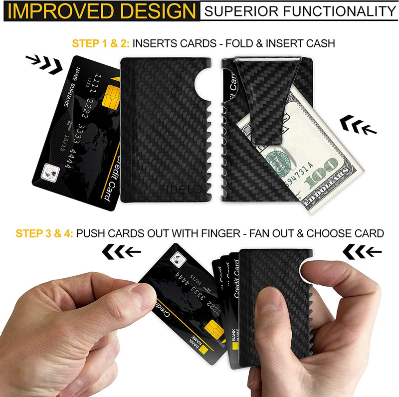 Fidelo Minimalist Wallet for Men  RFID Carbon Fiber Slim Travel Money Clip Credit Card