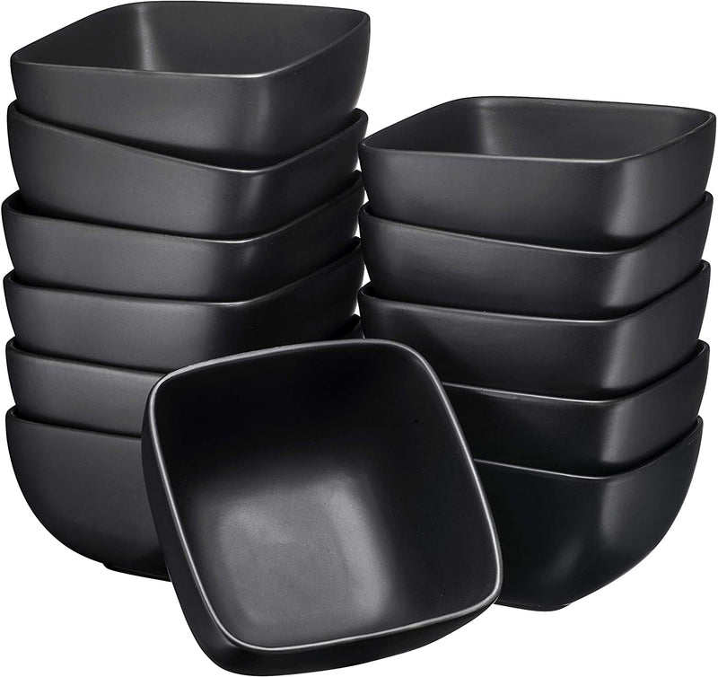 Bruntmor Large Porcelain Square Bowls - 26 Oz Durable Ceramic Bowls set of 12, Black chip