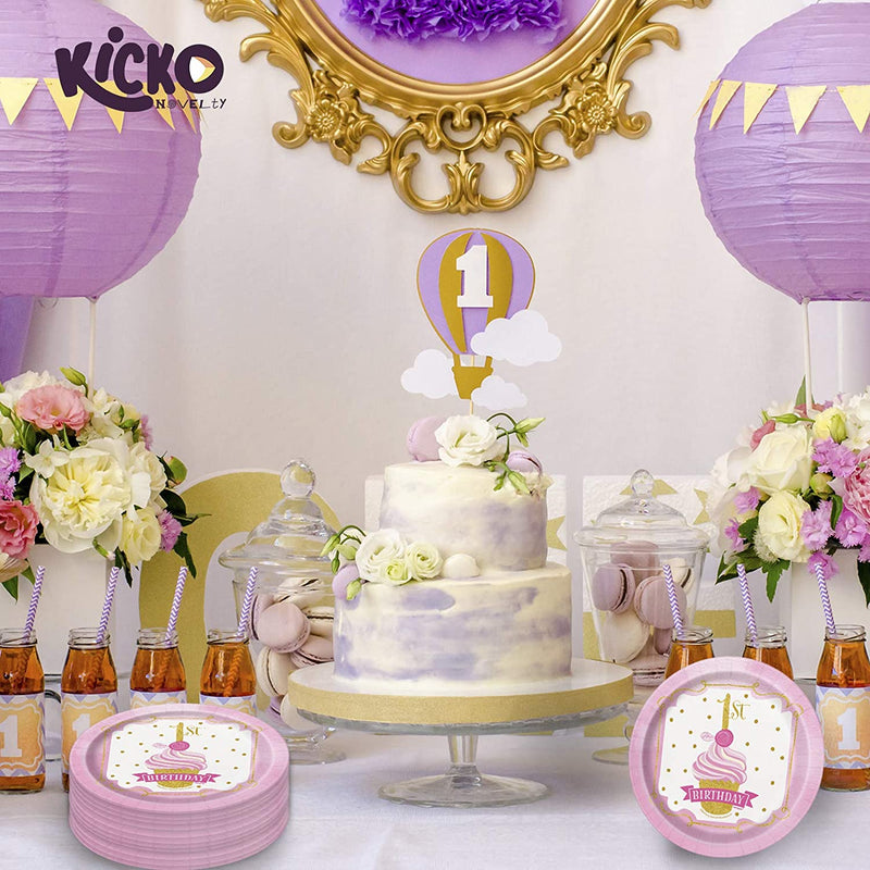 Kicko Pink and Gold First Birthday Paper Plates - 32 Pack - Disposable Dessert Accessories