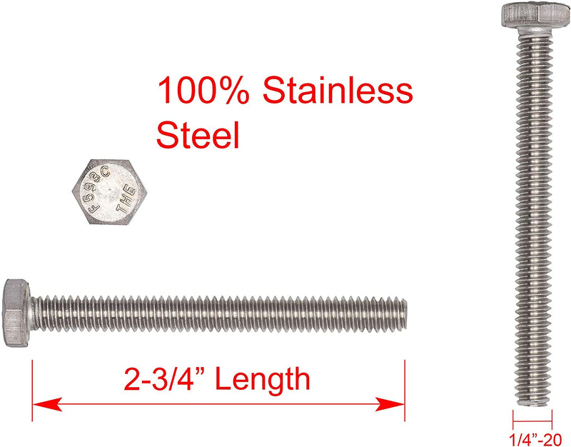1/4"-20 X 2-3/4" (25pc) Stainless Hex Head Bolt, Fully Threaded, 18-8 Stainless