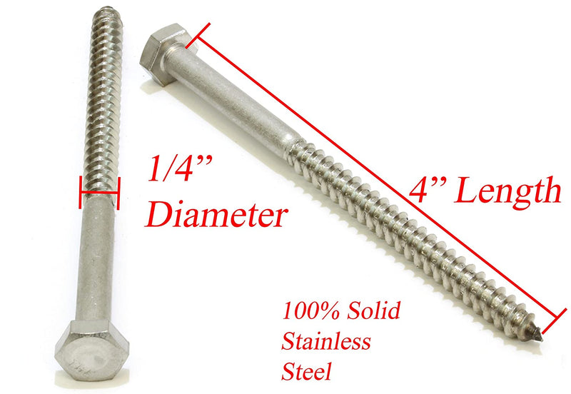 1/2" X 2" Stainless Hex Lag Bolt Screws, (10 Pack) 304 (18-8) Stainless Steel, by Bolt