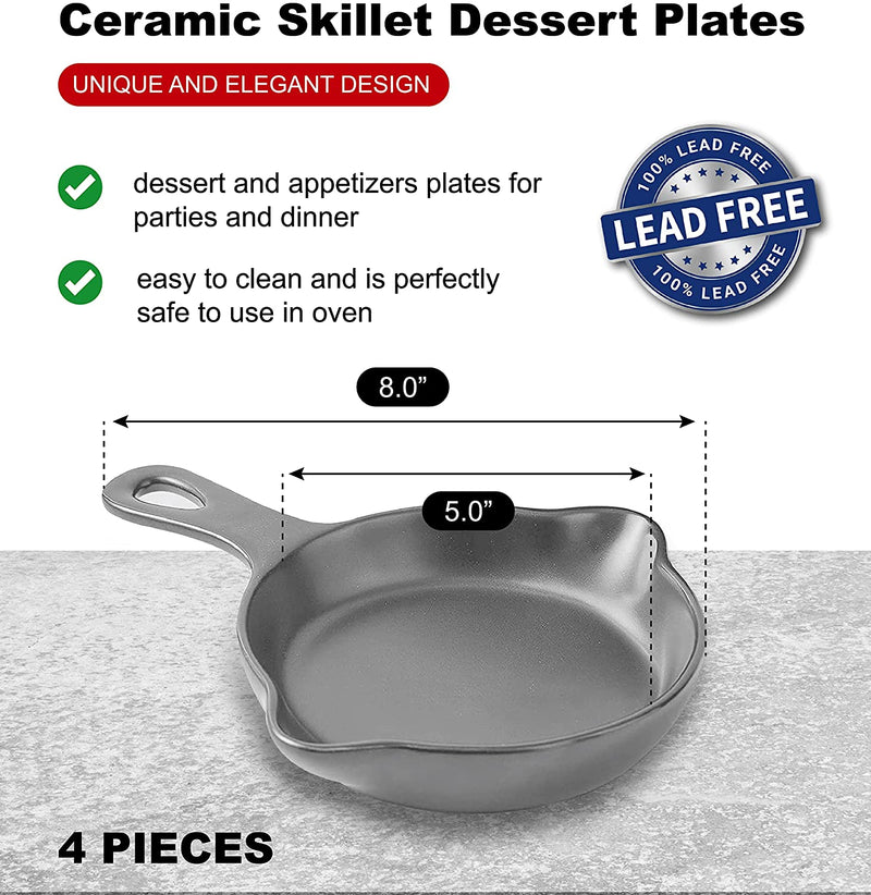 5" Matte Black Elegant Round Ceramic Skillet Dessert Plates, Stackable Set of 4 Dessert