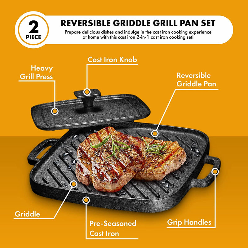 2In1 Pre-Seasoned Square Cast Iron Reversible Griddle Grill Pan Cookware For Single Burn