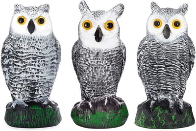 Fake Owl Decoy and Bird Deterrent - Set of 3 Plastic Owl to Scare Birds Away - Effective