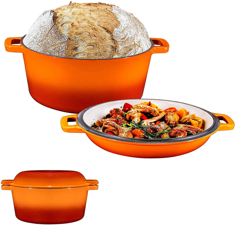Bruntmor Pre-Seasoned 2 In 1 Cast Iron Pan 5 Quart Double Dutch Oven Set and Domed 10 inch