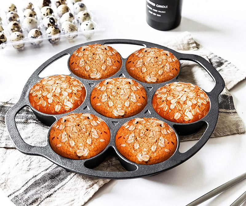 PreSeasoned Cast Iron 7-Cup Biscuit Pan - Round Kitchen Nonstick Baking Tools For Scones