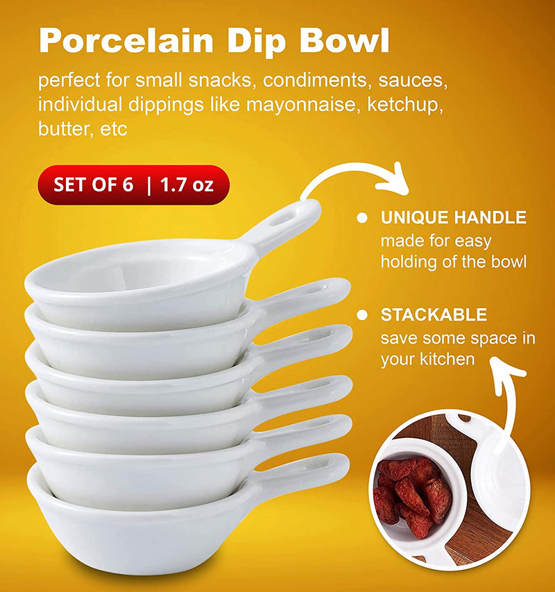 Bruntmor Set Of 6 Side Dish Porcelain Dip Bowl Set with Handle, for Soy Sauce, Ketchup