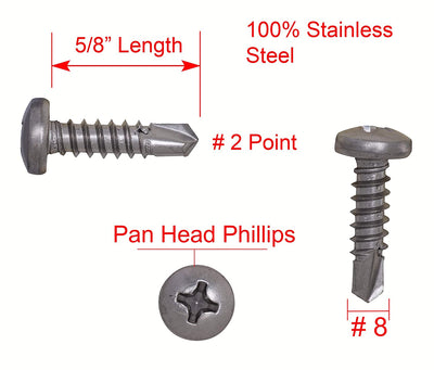 8 X 1-1/2" Stainless Pan Head Phillips Self Drilling Screw, (50pc), 410 Stainless Steel
