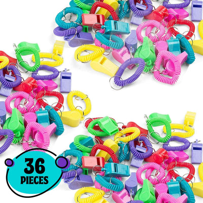 Kicko Colorful Whistle with Spiral Bracelet and Keychain - 36 Pack - Multi-colored