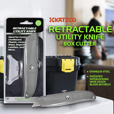 Katzco Retractable Utility Knife - Box Cutter  2 Notch Replacement Utility Blades - 3