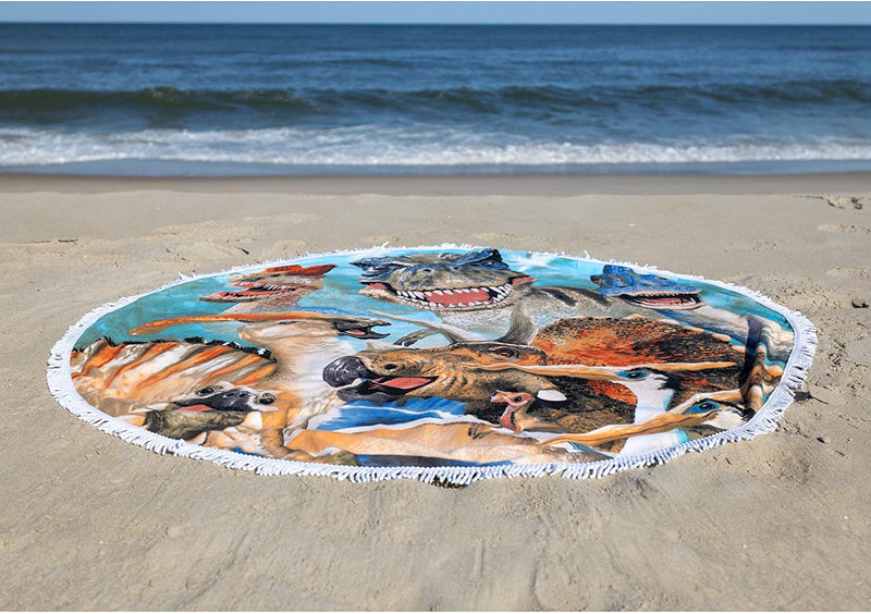 Microfiber Round Large Plush Beach Towel Blanket, 60" D with Fringe (Tribal Sea Turtles