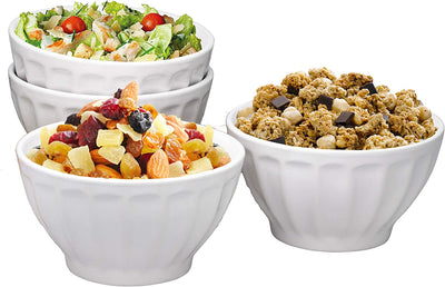 Ceramic Groove Bowls - Cereal, Soup, Ice Cream, 20 oz. Set of 4, By Bruntmor (White