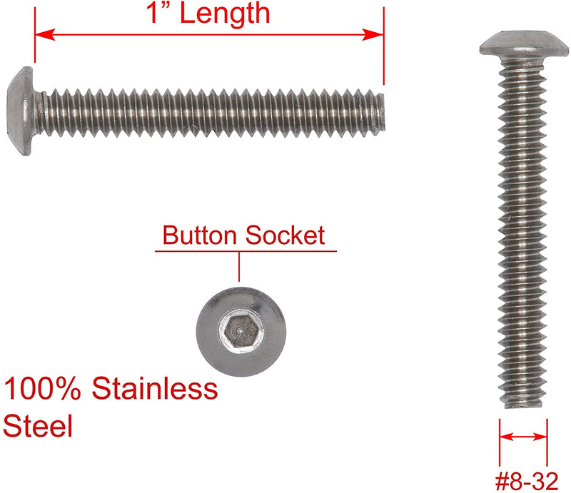 10-24 x 1-1/2" Stainless Button Socket Head Cap Screw Bolt, (100 pc), 18-8 (304