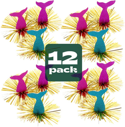 Kicko Mermaid Cake Toppers with Gold Tassels - 12 Pack - 7.5 Inch - for Kids, Party