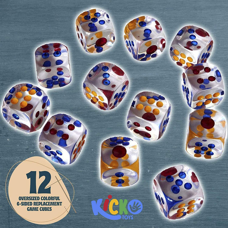 Kicko 1 Inch Transparent Dice Set - Pack of 12 Oversized Colorful 6-sided Replacement Game