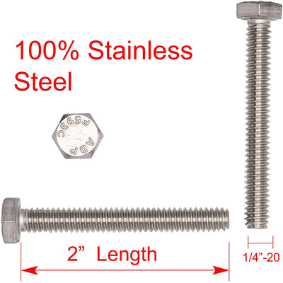 1/4"-20 X 2" (25pc) Stainless Hex Head Bolt, Fully Threaded, 18-8 Stainless