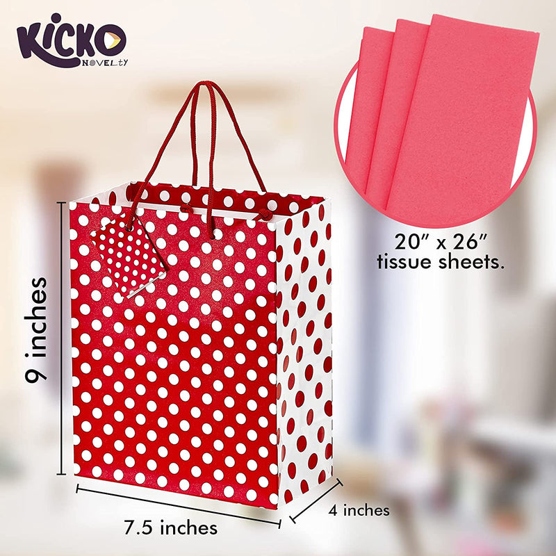 Kicko Ruby Red Dot Gift Bags with Tissue Paper - 13 Pieces - 9 Inches - for Party Favors