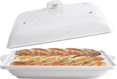 Bruntmor Porcelain Oven to Table Long French Bread - Baguette Baker3 Waves Loaf Bake