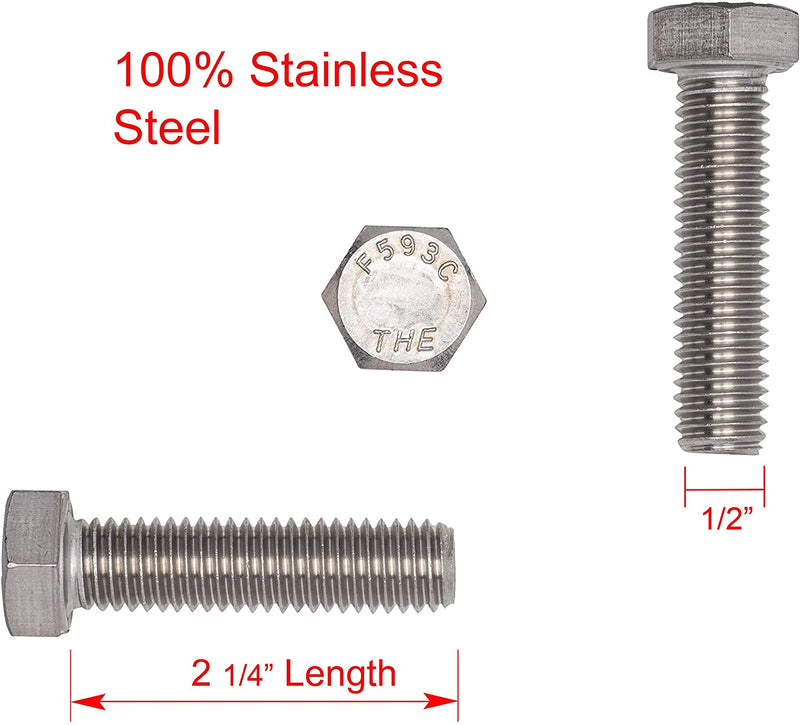 1/2"-13 X 2-1/4" (10pc) Stainless Hex Head Bolt, Fully Threaded, 18-8 Stainless