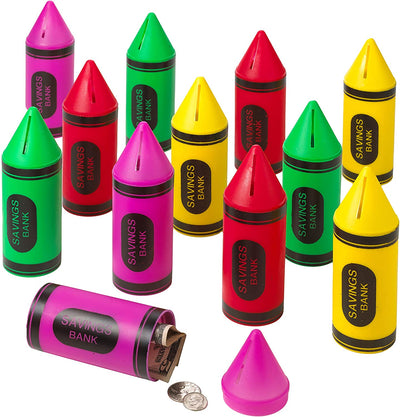 Kicko Crayon Banks - 12 Pack - 6 Inch - for Kids, Party Favors, Stocking Stuffers
