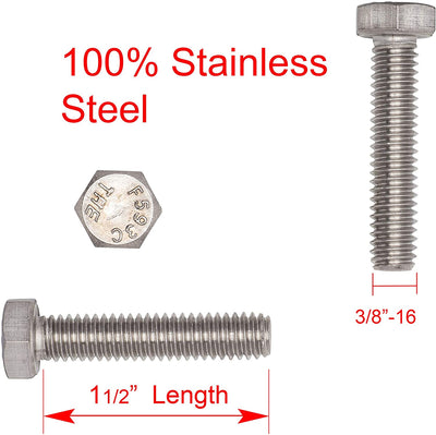 3/8"-16 X 1-1/2" (25pc) Stainless Hex Head Bolt, Fully Threaded, 18-8 Stainless