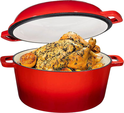 2 In 1 Enameled Cast Iron Double Dutch Oven & Skillet Lid, 5-Quart, Fire Red - Induction
