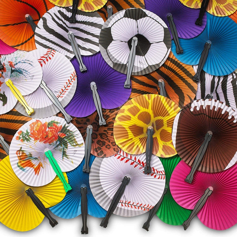 Kicko Folding Paper Fans for Kids - 48 Piece Assortment in Colorful Box - 10 Inch - Easy