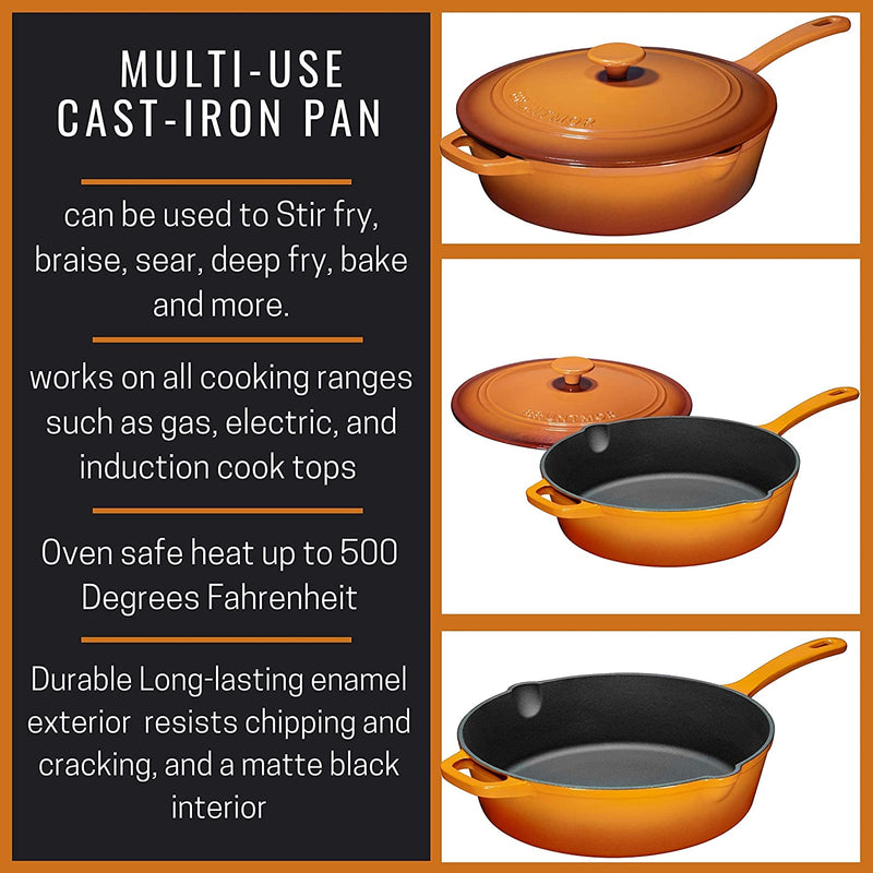 Enameled Cast Iron Skillet Deep Saut Pan with Lid, 12 Inch, Pumpkin Spice, Superior Heat