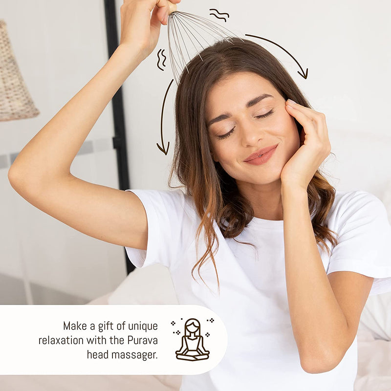PURAVA (Original) Head Massager with Wooden Handle and Improved Design, Head Scratcher