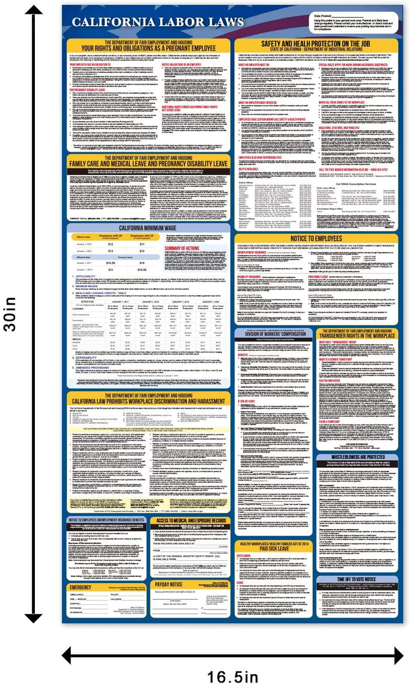2021 California Labor Law Poster - State, Federal, Osha Compliant. 2 Extra Large All-in