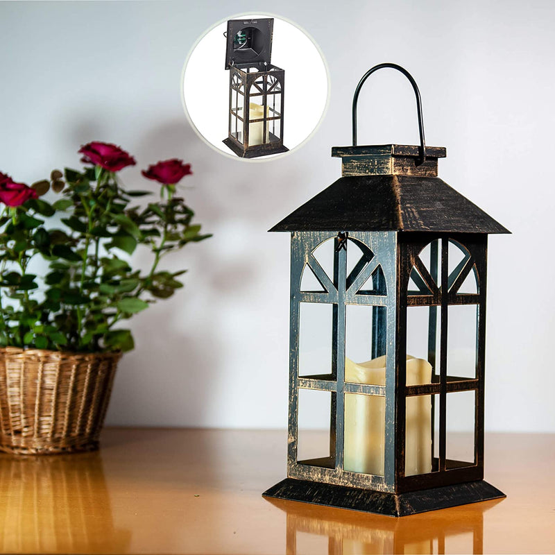 Solar Lantern Outdoor Classic Decor Bronze Antique Metal and Glass Construction Mission