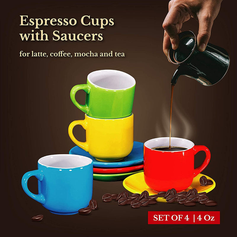 Espresso Cups with Saucers by Bruntmor - 4 ounce - Multi-Color, Chip Resistant, Stackable