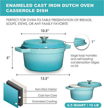 Bruntmor, Enameled Cast Iron Dutch Oven Casserole Dish 6.5 quart Large Loop Handles