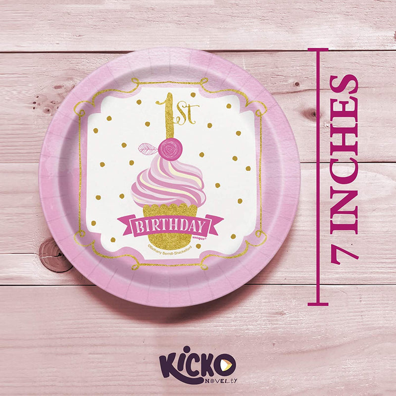 Kicko Pink and Gold First Birthday Paper Plates - 32 Pack - Disposable Dessert Accessories