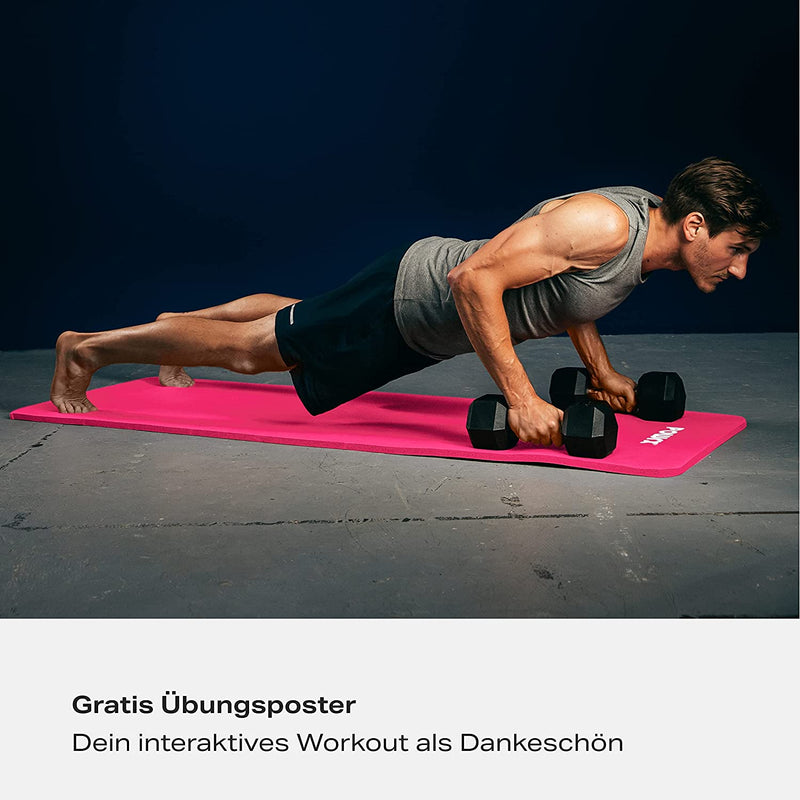Gymnastics mat yoga mat (pink 183 x 60 x 1 cm) including practice poster