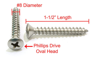 12 X 1-1/2" Stainless Oval Head Phillips Wood Screw (25pc) 18-8 (304) Stainless Steel