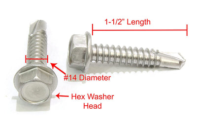 14 X 1-1/2'' Stainless Hex Washer Head Self Drilling Screws, (50 pc) 410 Stainless Steel