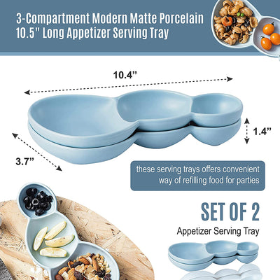 Bruntmor 3-Compartment Modern Matte Porcelain 10.5" Long Appetizer Serving Tray, Triplet