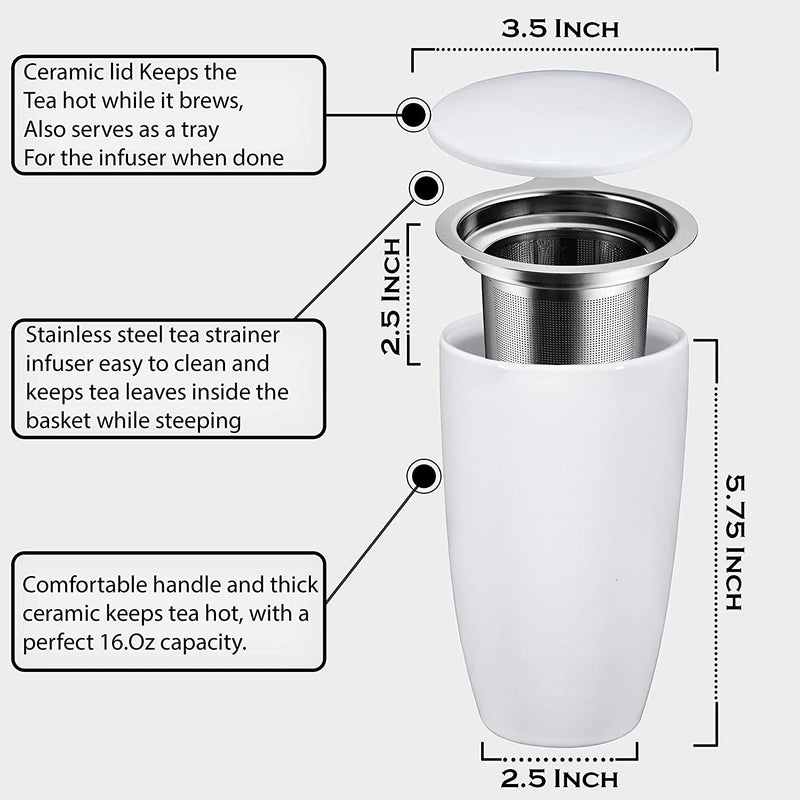 2-Pack Ceramic Tea Infuser Mug With Stainless Steel Infuser And Removable Lid, Microwave