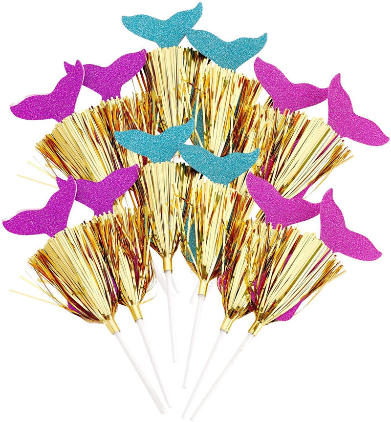 Kicko Mermaid Cake Toppers with Gold Tassels - 12 Pack - 7.5 Inch - for Kids, Party