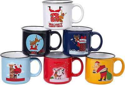 Set Of 6 Coffee Mug Set Large-Sized 14 Ounce Christmas Theme Ceramic Coffee Mugs