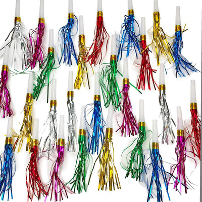 Kicko Fringed Noisemaker - 7 inches Musical Blow-Out Metallic Horn Noisemakers - Pack