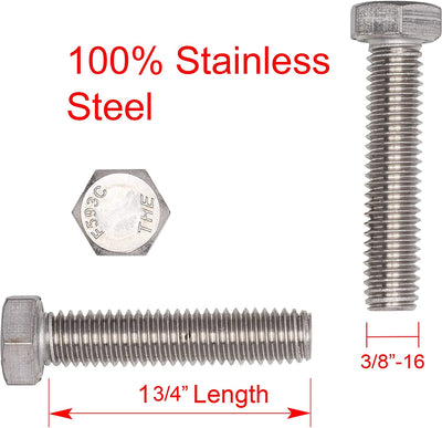 3/8"-16 X 1-3/4" (25pc) Stainless Hex Head Bolt, Fully Threaded, 18-8 Stainless