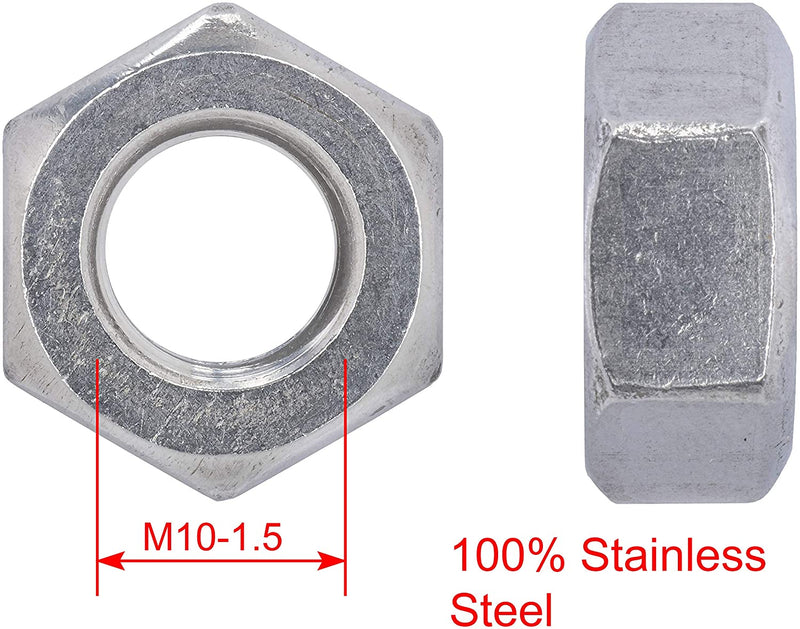 M10-1.5 Metric Stainless Hex Nut, (50 Pack), 304 (18-8) Stainless Steel Nuts, DIN 934,