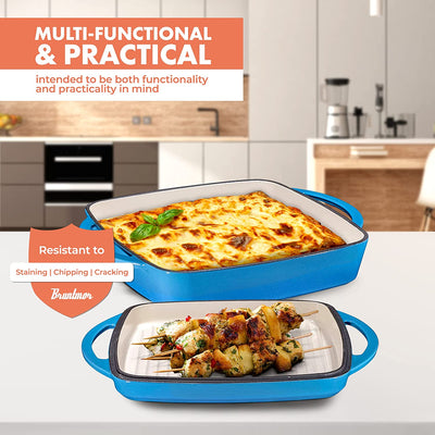 Enameled Square Cast Iron Large Baking Pan. Cookware Baking Dish With Griddle Lid 2In1