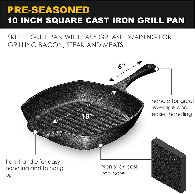 Bruntmor 10 Inch Square Cast Iron Grill Pan Skillet Grill Pan with Easy Grease Draining