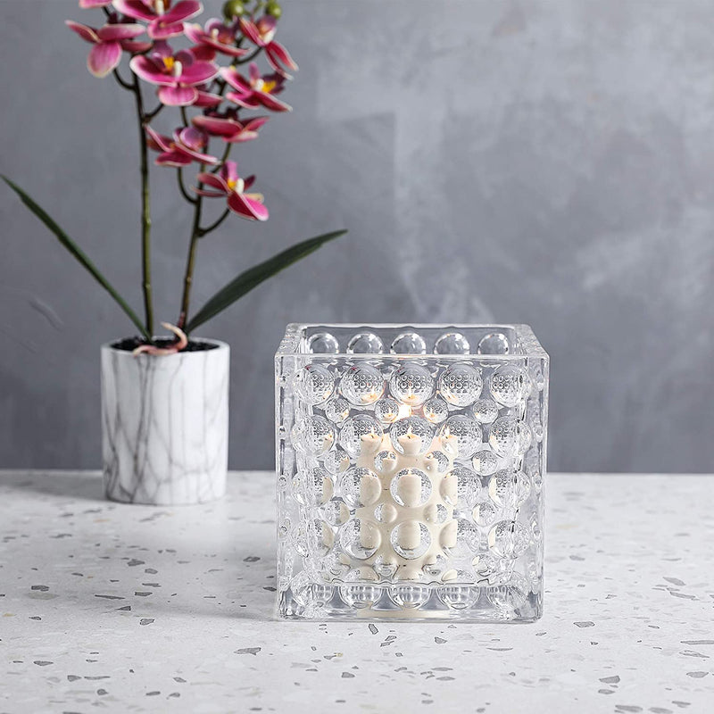 Glass Dimple Cube Vase,Square Glass Candle Holder Centerpiece (4 pcs, 5 Inch