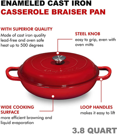 Silicone Oil Non-Stick Enameled Cast Iron Shallow Casserole Braiser Pan with Cover, 3.8
