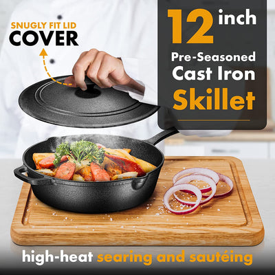 Enameled Cast Iron Skillet Deep Saut Pan with Lid, 12 Inch, Pumpkin Spice, Superior Heat